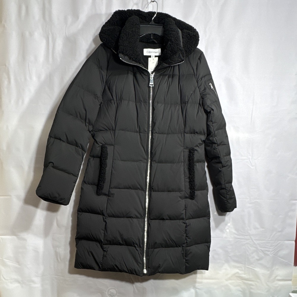 Calvin Klein Women's Black Hooded Long Down Puffer Coat Full Zip Size M